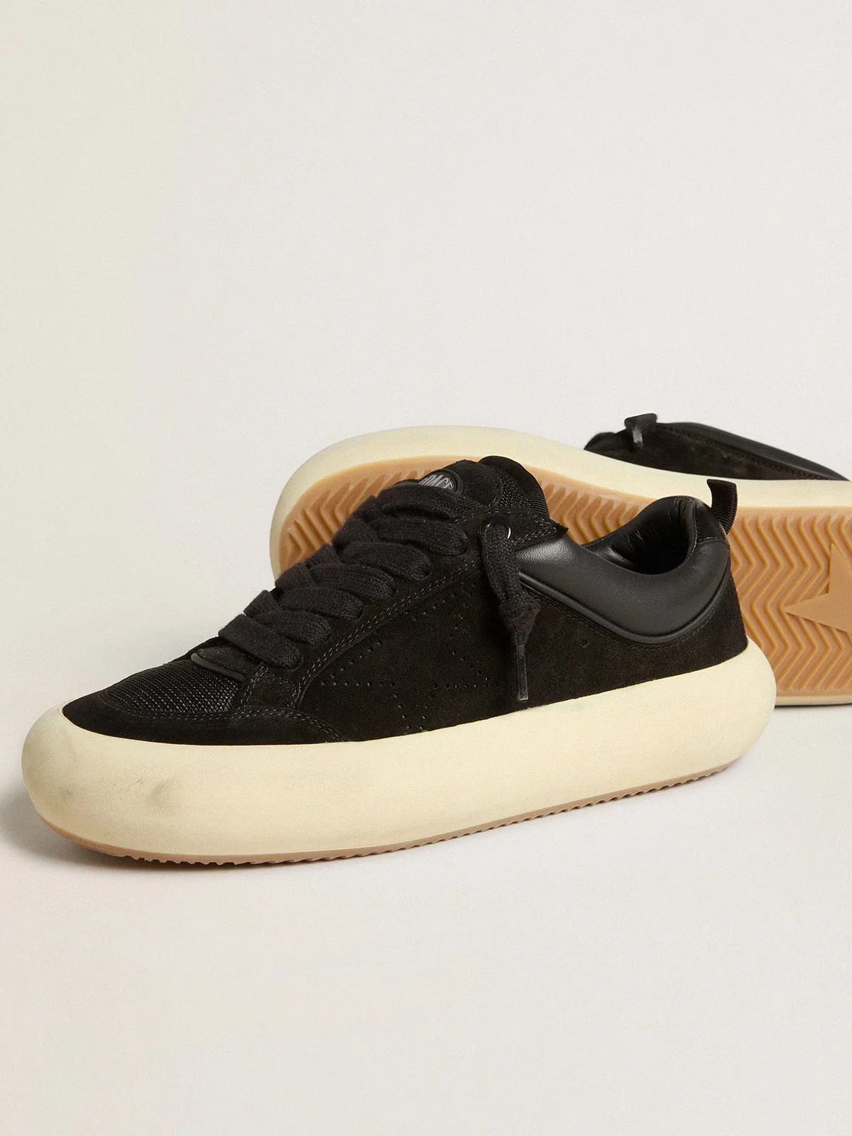 Womens Space Star Cube in black suede with perforated star